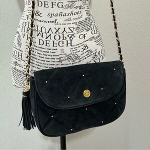 Georgiou Vintage Black Suede Quilted Chain Shouler Crossbody Bag-Made in Korea